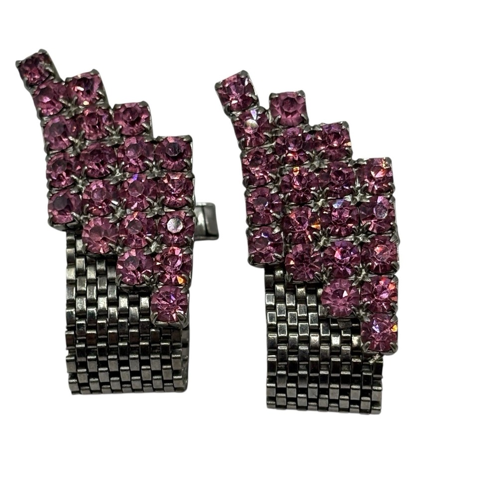 Pink‎ Rhinestone Cufflinks Mesh Wrap Around Silver Tone Statement Chunky Vintage